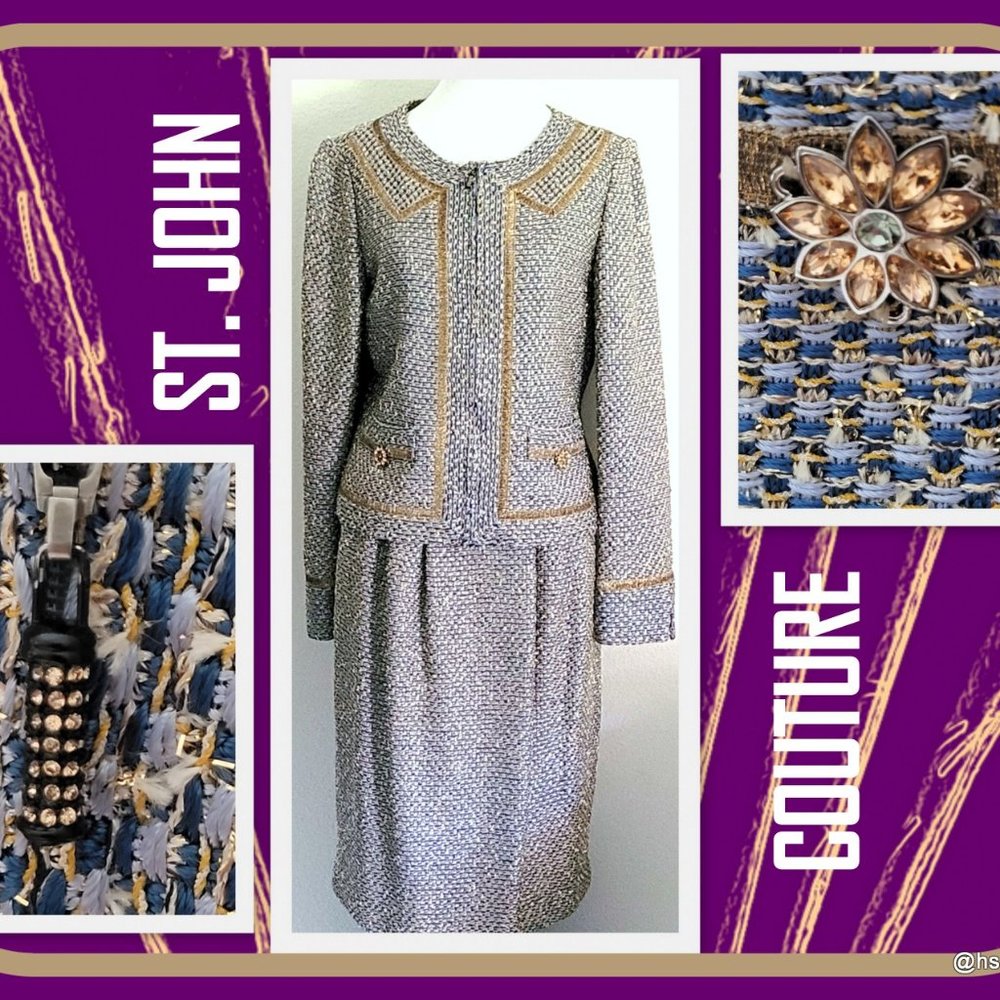 St. John Couture Knit Skirt Suit Arctic Blue Multi /Gold Silk Lined Size 6